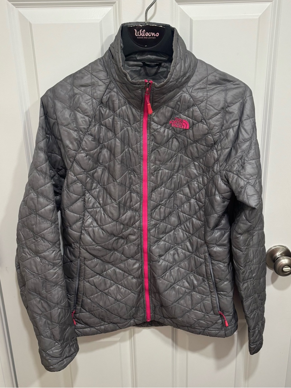 The North Face Thermoball Embroidered Logo Grey Pink Full Zip Jacket Womens US S